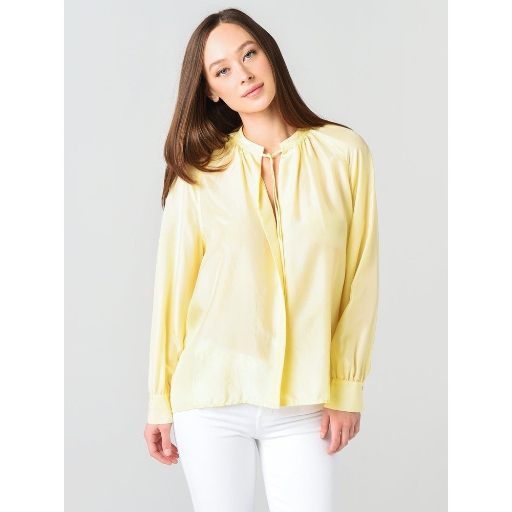 Vince Poet Popover Blouse 100% Silk Habotai Yellow Gathered Sleeves M